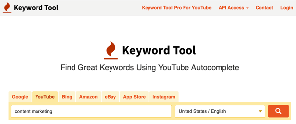 Инструмент подсказки ключевых слов исследует ключевые слова на вкладке YouTube, шаг 1.