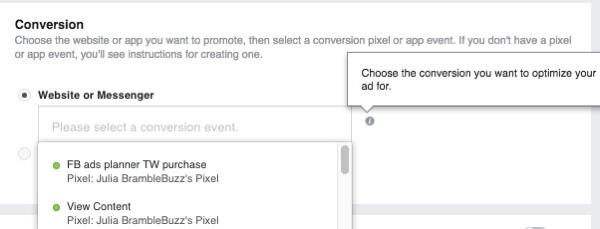 При настройке рекламной кампании по конверсиям веб-сайта выберите пиксель, который будет использоваться для отслеживания конверсий.