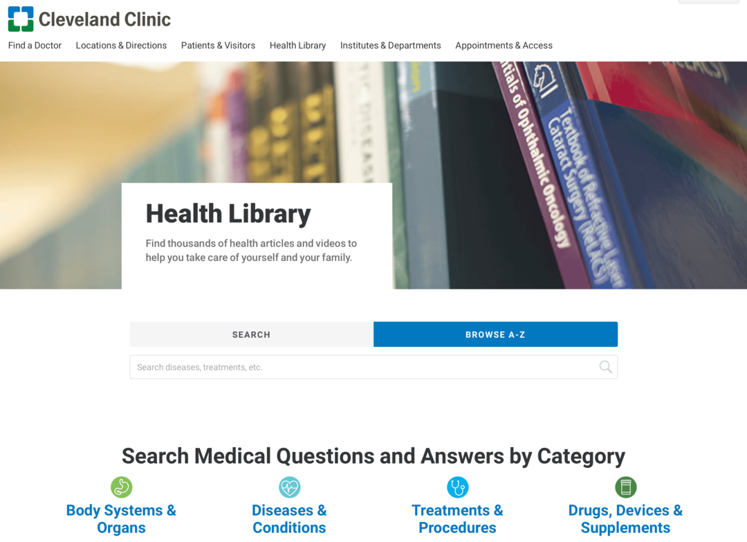 изображение веб-сайта библиотеки здоровья Кливлендской клиники