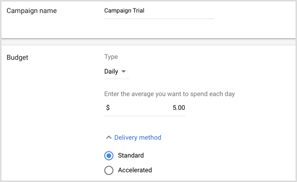 Добавьте название кампании и бюджет в Google AdWords.