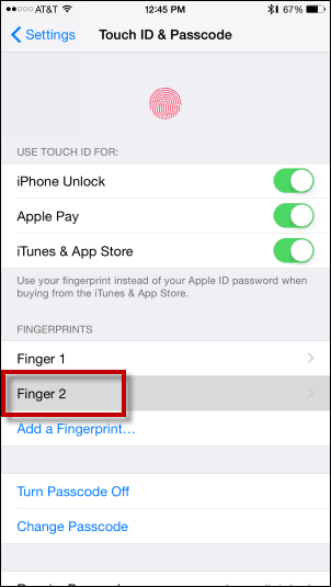 Все отпечатки пальцев будут отображаться на экране Touch ID и пароля.