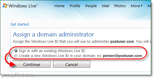 создать учетную запись администратора домена Windows Live или использовать текущую учетную запись Live