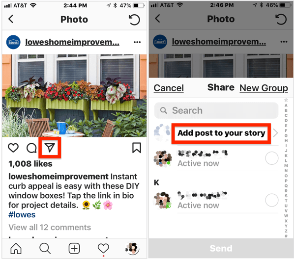 Чтобы добавить общедоступную публикацию в свою историю в Instagram, откройте ее, коснитесь значка самолета под изображением, а затем выберите «Добавить публикацию в свою историю» во всплывающем меню.