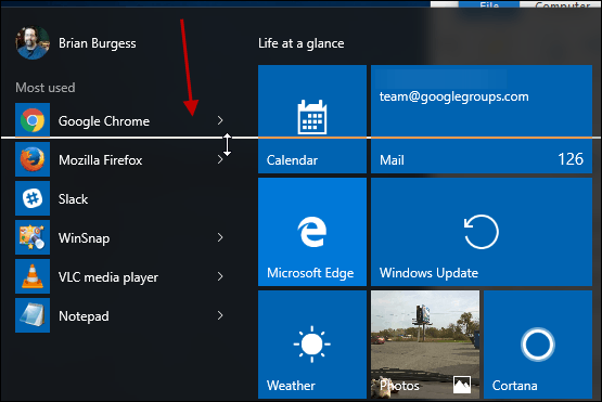 Изменение размера меню «Пуск» в Windows 10