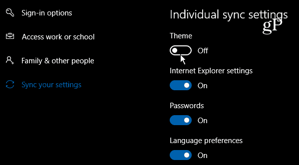Windows 10 Индивидуальные настройки синхронизации