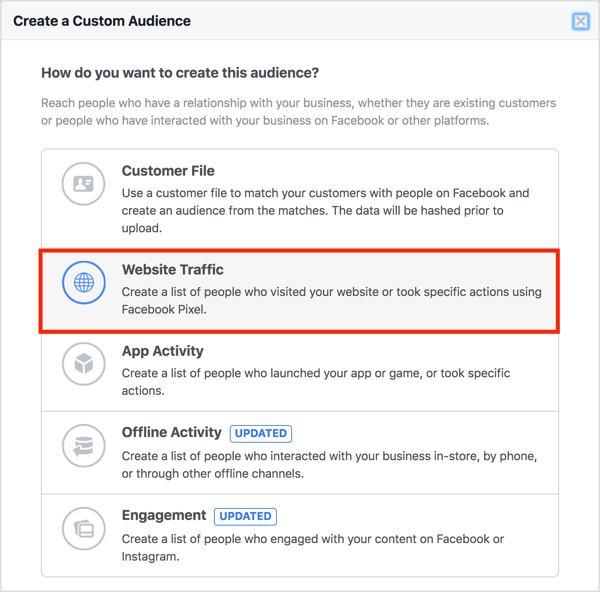 Выберите «Трафик веб-сайта», чтобы создать собственную аудиторию Facebook.