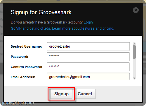 Процесс регистрации в Grooveshark