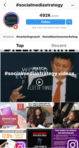 Как стратегически увеличить количество подписчиков в Instagram, шаг 11, найти подходящие примеры сообщений, образец поиска для видео «#socialmediastrategy»