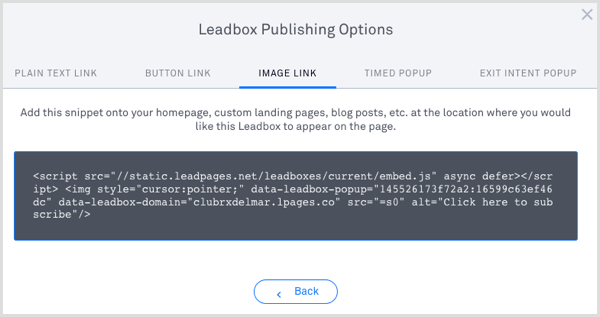 LeadPages Leadbox публикует код 