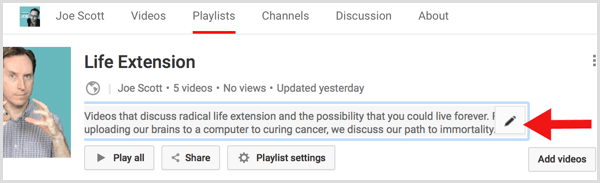 YouTube изменить описание плейлиста