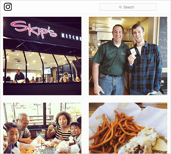Это скриншот фотографий из Instagram с тегом #skipsdiner. Один показывает внешний вид ресторана, другой показывает человека, держащего карточку, как будто он выиграл игру с Джокером, третья показывает семью, которая ест за столом, а третья показывает заказанную еду. Джей Баер говорит, что игра «Джокер» - это пример разговора.