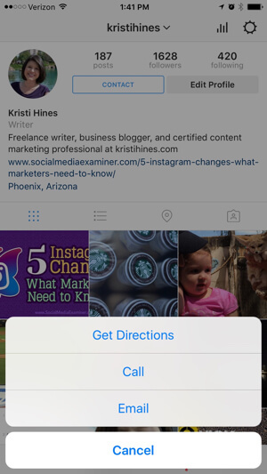 варианты контактов в бизнес-профиле instagram