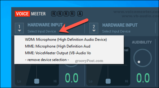 Выбор параметра аппаратного ввода VoiceMeeter