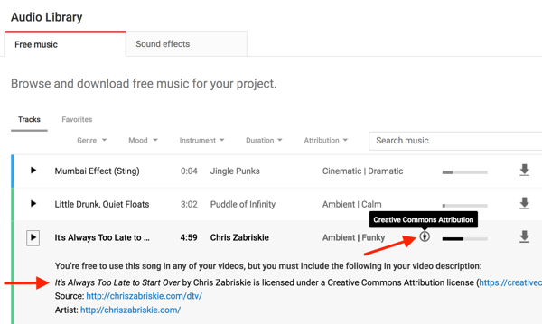 В музыкальных файлах в аудиотеке YouTube будет указано, нужно ли указывать оригинального автора.
