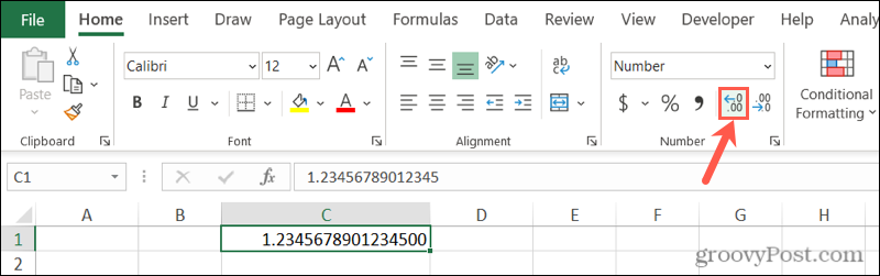 Остановите округление чисел в Excel с помощью кнопки увеличения десятичной дроби