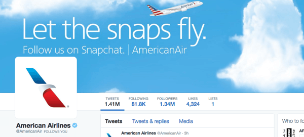 изображение в твиттере американских авиалиний с Snapchat