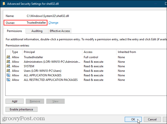 Закройте диалоговое окно «Дополнительные параметры безопасности» в редакторе реестра Windows.