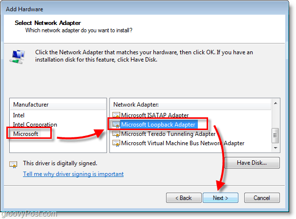 Снимок экрана Windows 7 Networking выберите Microsoft> петлевой адаптер Microsoft