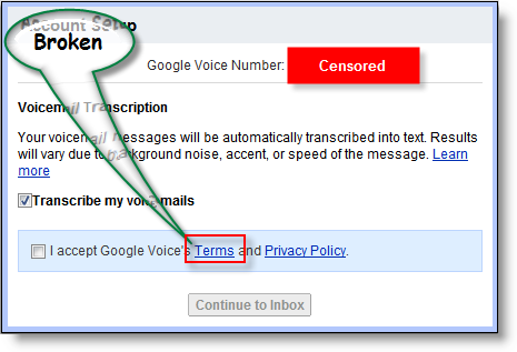 Ссылка на Условия использования Google Voice нарушена
