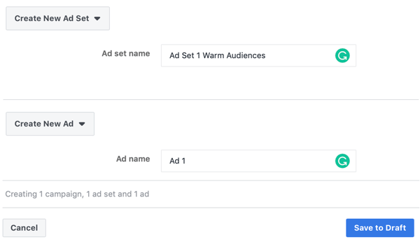 Как настроить таргетинг на горячих лидов с помощью рекламы в Facebook Messenger, шаг 3, настройки объявления и названия рекламного набора