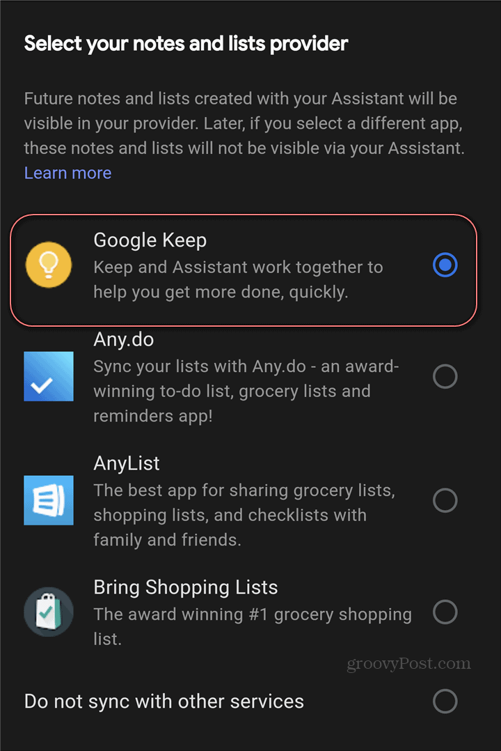 Google Assistant поставщик заметок настроек Google Keep