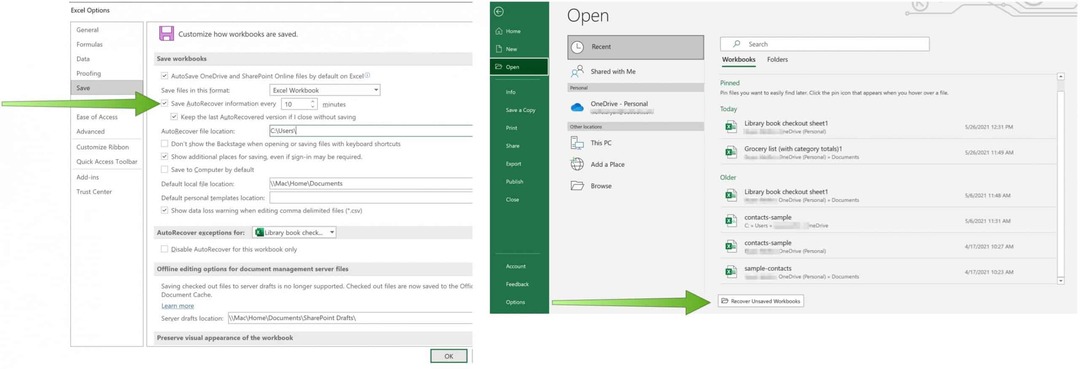 Сохранение файлов Excel в автоматическом восстановлении OneDrive в Excel