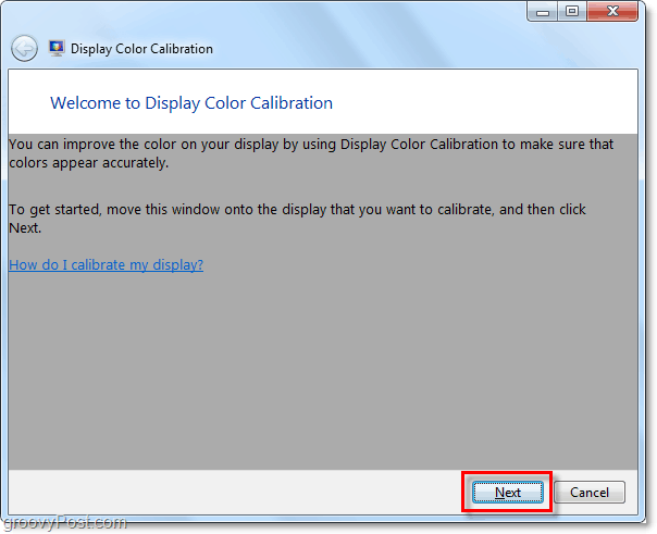 Windows 7 отображает окно приветствия калибровки цвета