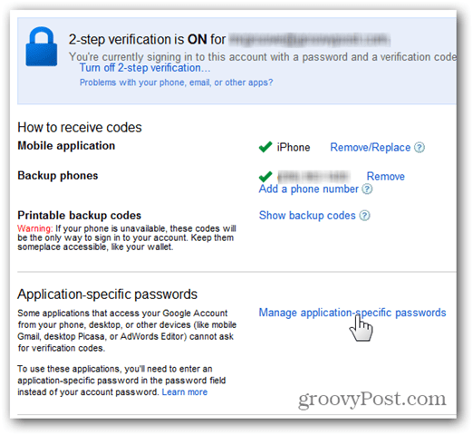 Google одноразовые пароли - нажмите Управление паролями приложений