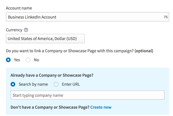 Заполните данные, чтобы создать свою рекламную учетную запись LinkedIn.