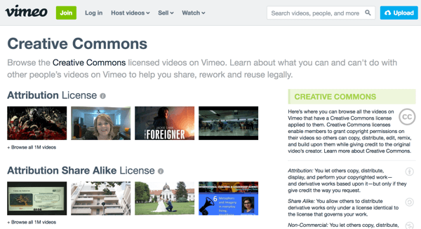 Vimeo группирует видеоматериалы по типу лицензии и включает объяснения каждого типа справа.