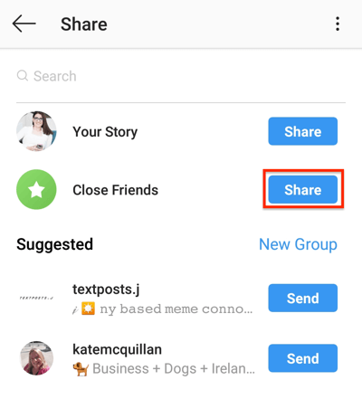 Нажмите кнопку «Поделиться», чтобы поделиться своей историей в Instagram со своим списком близких друзей.