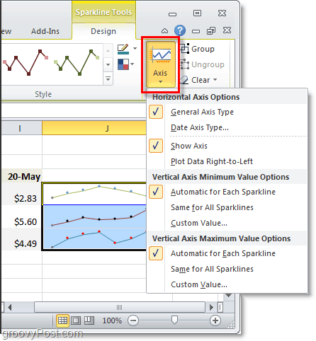 изменить ось спарклайнов в Excel 2010