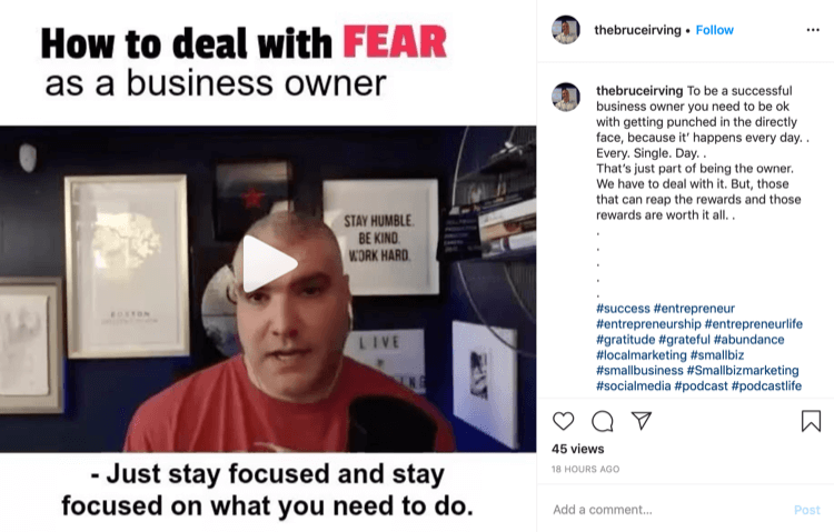 Сообщение Брюса Ирвинга в Instagram о том, как бороться со страхом как владелец бизнеса