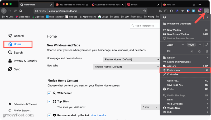 Главная страница настроек Firefox на Mac