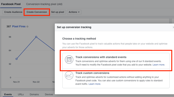 Выберите параметр «Отслеживать конверсии со стандартными событиями» для отслеживания конверсий Facebook.