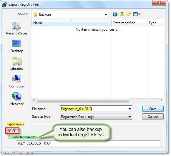 сохранить резервную копию реестра в Windows 7 и Vista