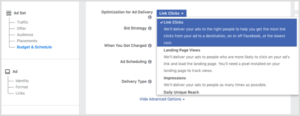 При настройке рекламы в Facebook выберите «Переходы по ссылкам» из раскрывающегося списка «Оптимизация для доставки рекламы».
