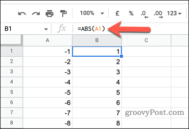 Использование функции ABS в Google Sheets