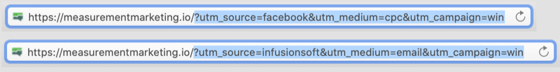пример URL-адресов с тегами utm, закодированными с выделенной частью URL-адресов utm, показывающей facebook / cpc и infusionsoft / email в качестве параметров для кампании победы