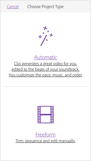 Выберите «Автоматически», чтобы Adobe Premiere Clip создала видео за вас.