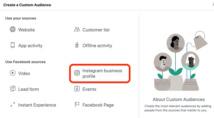 Параметр бизнес-профиля Instagram выбран в диалоговом окне Создание настраиваемой аудитории