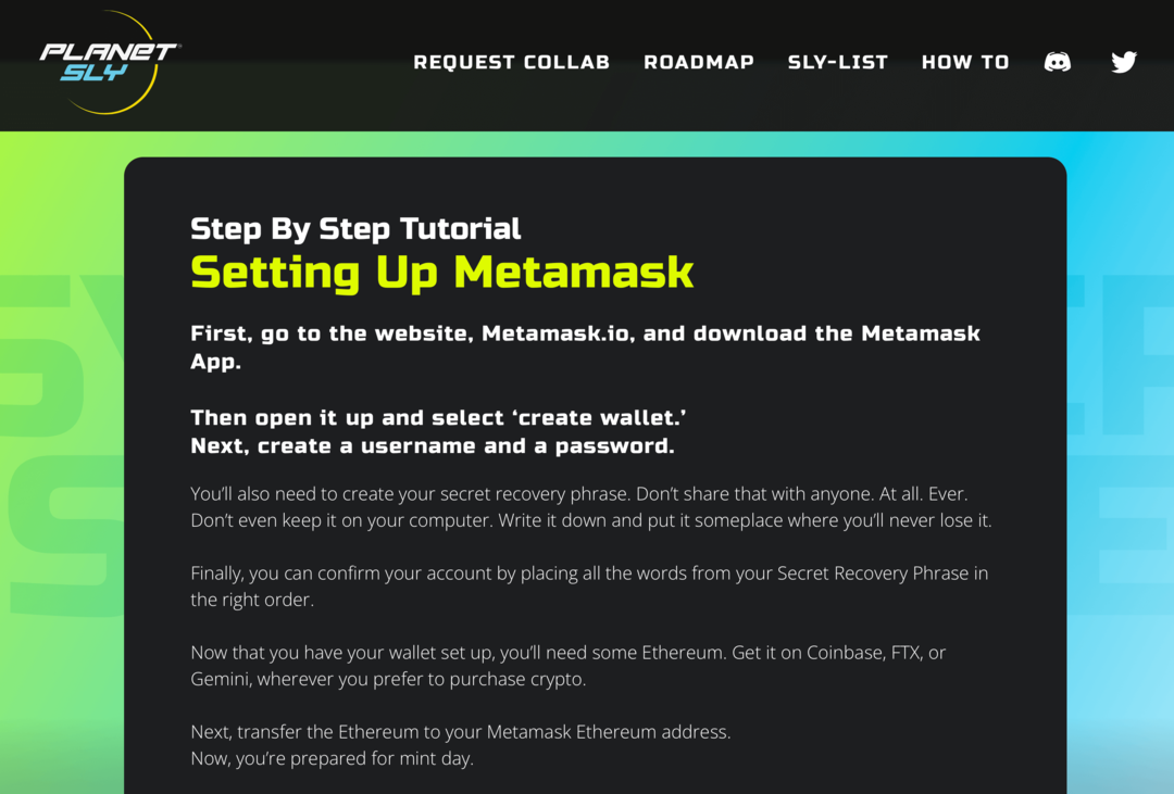 изображение учебника по Metamask на веб-сайте PlanetSLY