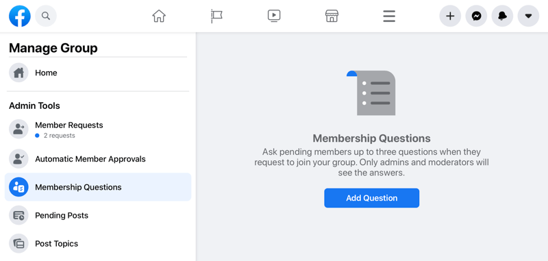 опция управления группой facebook с выделением опции вопросов о членстве