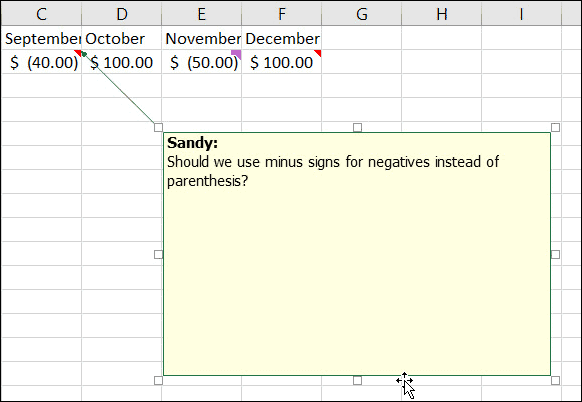 Изменение размера или перемещение заметок в Excel