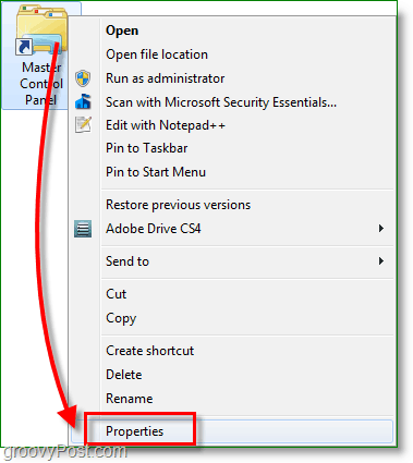 Скриншот Windows 7 - щелкните правой кнопкой мыши ярлык и перейдите в свойства