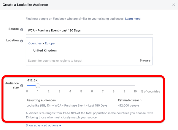 Опция размера аудитории при создании вашей аудитории Facebook Lookalike из вашей индивидуальной аудитории.