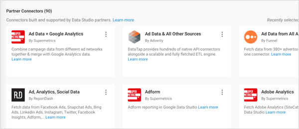 Google Data Studio предлагает партнерские коннекторы, созданные сторонними партнерами.