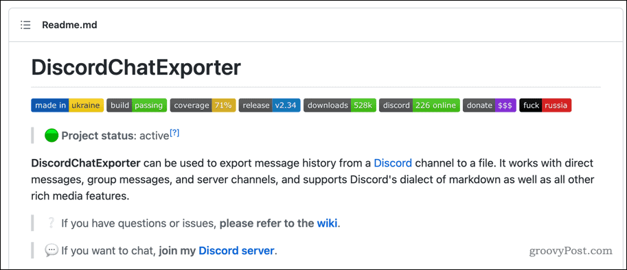 Страница DiscordChatExplorer на github