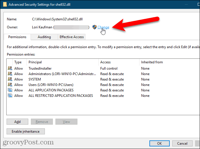 Нажмите «Изменить владельца» в диалоговом окне «Дополнительные параметры безопасности» в редакторе реестра Windows.