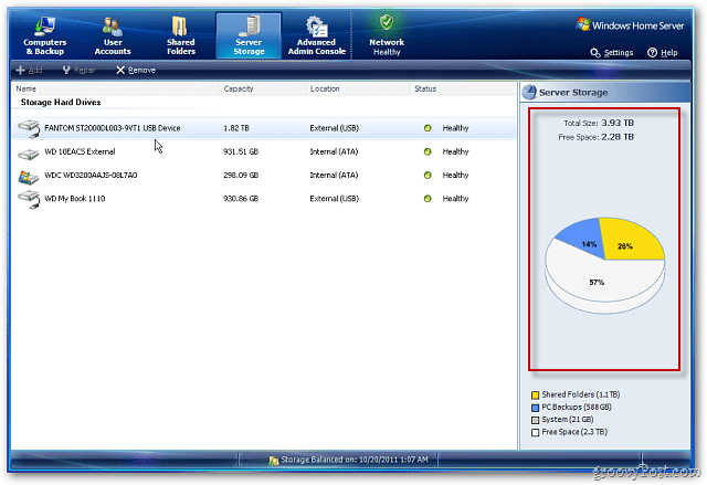 Windows Home Server: добавление внешнего жесткого диска для увеличения объема хранилища